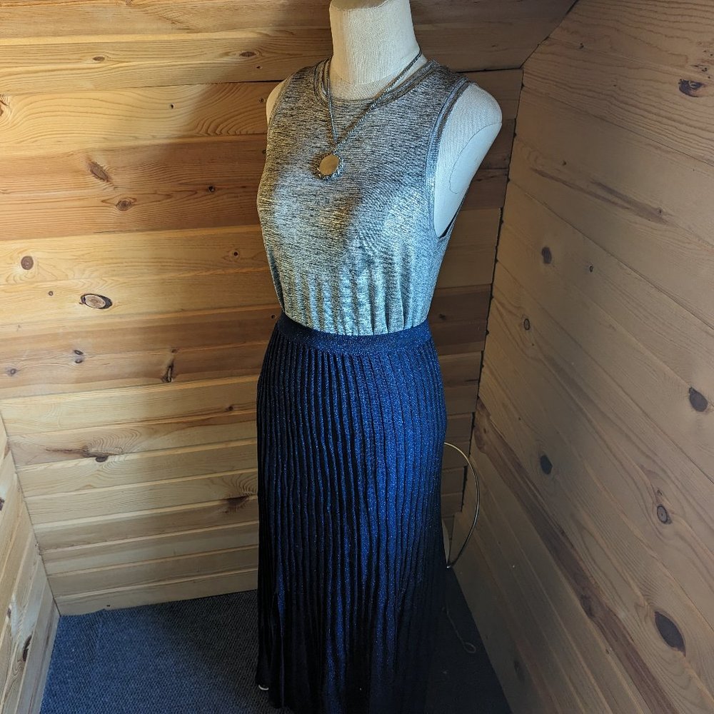 Sandro Navy Metallic Pleated Midi Sweater Skirt